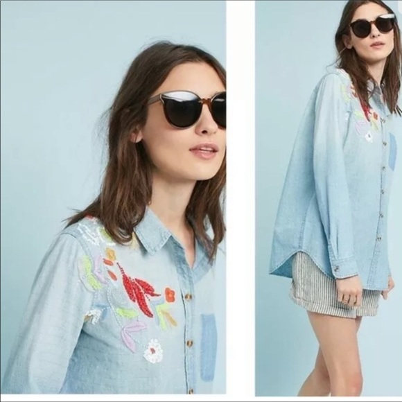 Anthro Maeve Boise Embroidered Chambray Shirt - Picture 4 of 11